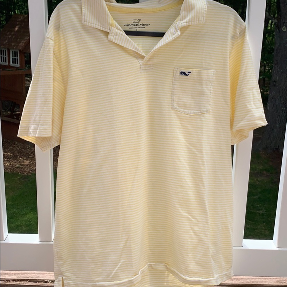 Yellow and white striped polo